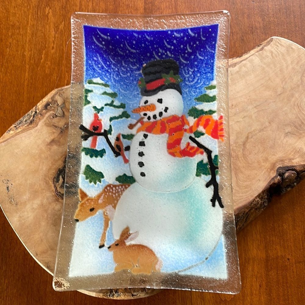 Peggy Karr Signed Fused Glass Snowman Plate with Cardinals